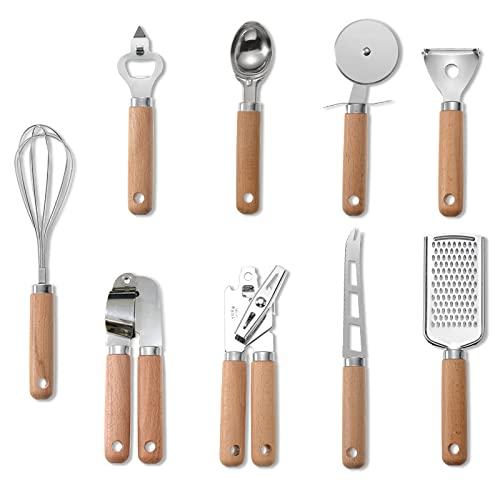 NobeOnbe 9pcs Kitchen Gadgets Wooden Handle Kitchenware Set, Stainless Steel Kitchenware, Baking Tool Set