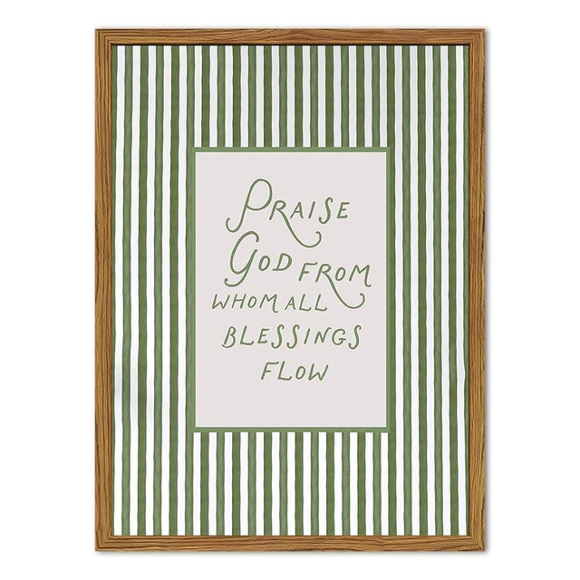 Framed Christian Wall Art, Praise God From Whom All Blessings Flow Scripture Pictures Wall Decor, Sage Green Striped Bible Verse Paintings Canvas Prints Religious Home Decor for Living Room 12x16 inch