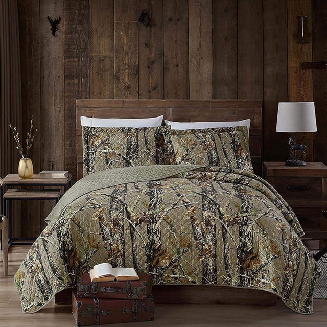 Chezmoi Collection Salem 3-Piece Cabin Lodge Forest Woods Pre-Washed Quilt Set - Nature Camo Tree Leaves Printed Soft Lightweight Microfiber Bedspread for All Season - Natural, King