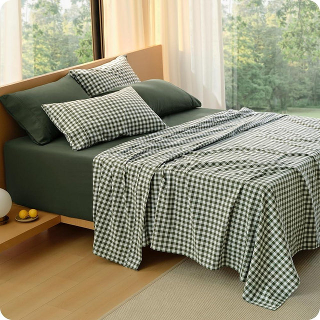 Bedsure 100% Washed Cotton Percale Sheets King Size - Linen Like Textured Gingham Sheets, 6-Piece Bedsheet Set with 18" Deep Pocket, Breathable & PureWoven Soft Comfy (Gingham Olive Green, King)