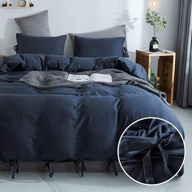 annadaif Navy Duvet Cover Queen(90x90 Inch), 3 Pieces (2 Pillowcase,1 Duvet Cover) Ultra Soft Washed Cotton Bowknot Bow Tie Duvet Cover Set, Easy Care Bedding Set for Men, Women