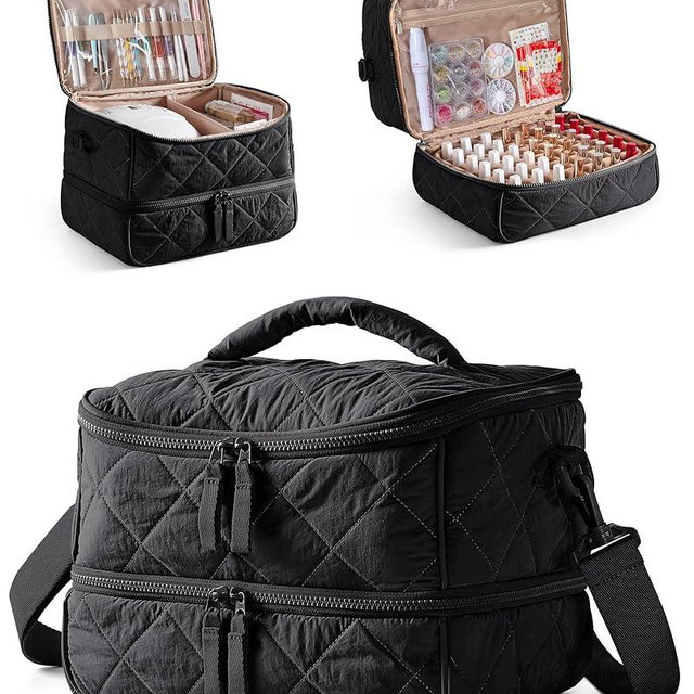 Marscamd Quilted Nail Polish Organizer Bag Holds 42 Bottles and Nail Lamp, Nail Polish Storage Case with Crossbody Straps and Multiple Pockets, Black