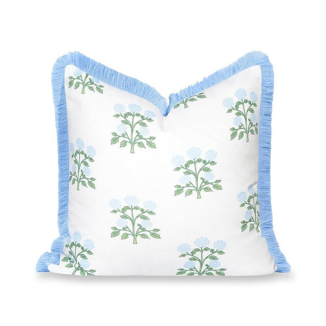 Hofdeco Premium Grandmillennial Coastal Hampton Patio Indoor Outdoor Throw Pillow Cover Only, 20"x20" Water Repellent for Backyard, Couch, Poolside, Baby Blue Green Print Hydrangea Flowers