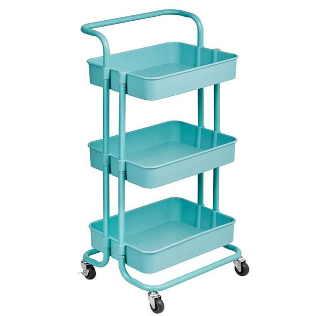 alvorog 3-Tier Rolling Utility Cart Storage Shelves Multifunction Storage Trolley Service Cart with Mesh Basket Handles and Wheels Easy Assembly for Bathroom, Kitchen, Office (Blue)