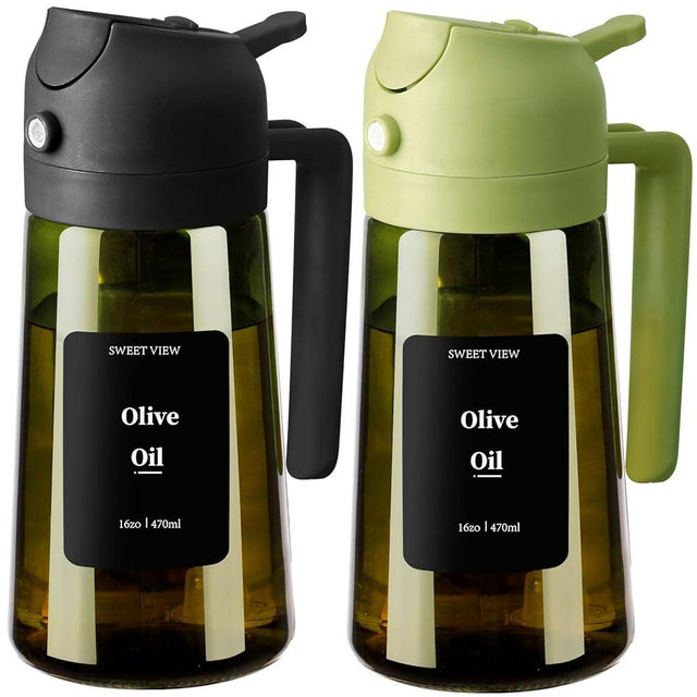 SWEET VIEW 2PCS Olive Oil Dispenser and Oil Sprayer – 16oz/470ml Glass Light-Proof Oil Pourer for Kitchen, Air Fryer, Cooking, Salad, and BBQ