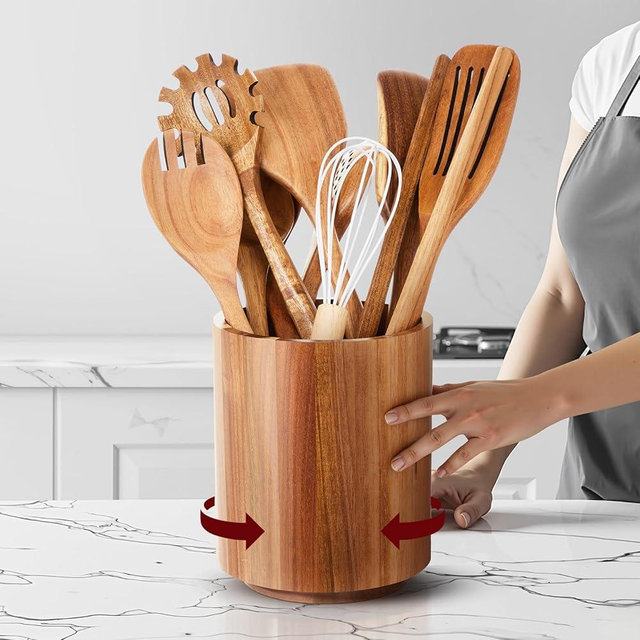 SiliFine Wooden Kitchen Utensils Set with 360° Rotating Holder Large Capacity 7.3" Utensils Crock with 11 Pcs Acacia Wood Cooking Spoons Spatulas for Nonstick Cookware Countertop Kitchen Decorations