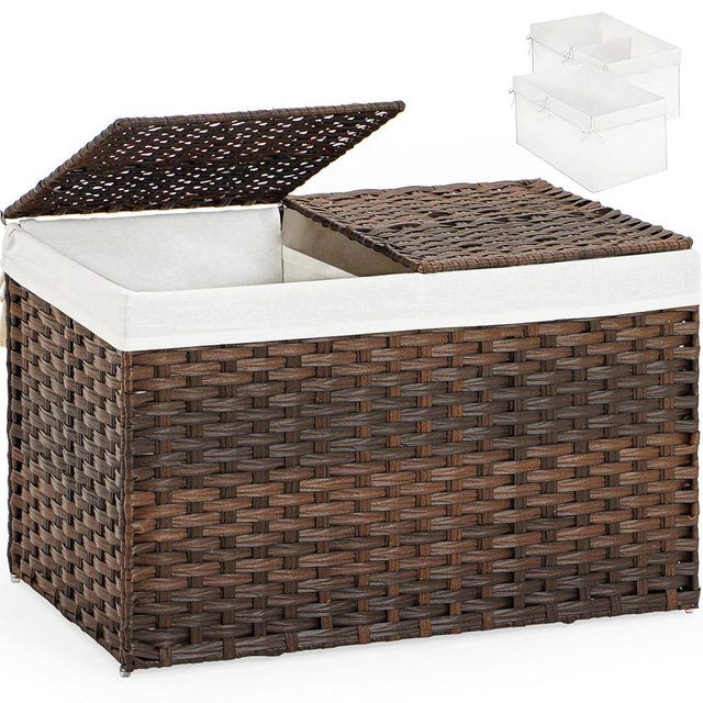 SETVSON Storage Basket with Lid Wicker Baskets for Storage with 2 Separate Lid 42.3 Gallon (160 L) Rattan Storage Basket with 2 Liners and Handles Woven Storage Basket for Bedroom Laundry Brown