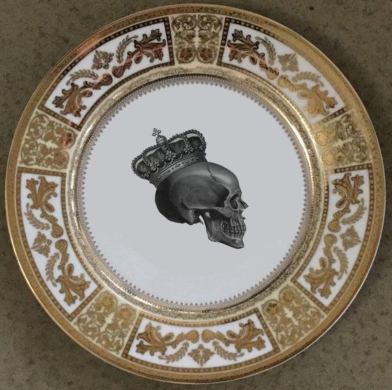 Gold Skull Plate, Dinner or Salad Size, Customizable, Durable & Foodsafe Halloween Plate, Goth Tableware, Skeleton Plate