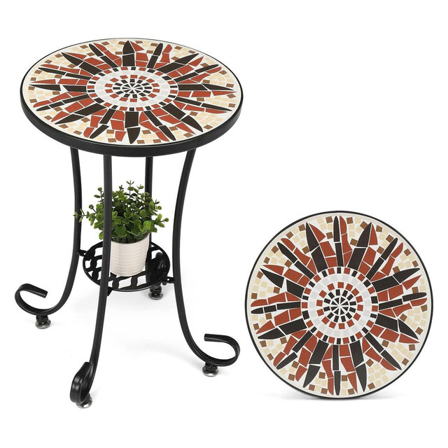 VINGLI Mosaic Outdoor Side Table, 14" Round End Table, Accent Table, Ceramic Tile Top Black Iron,Brown Flower