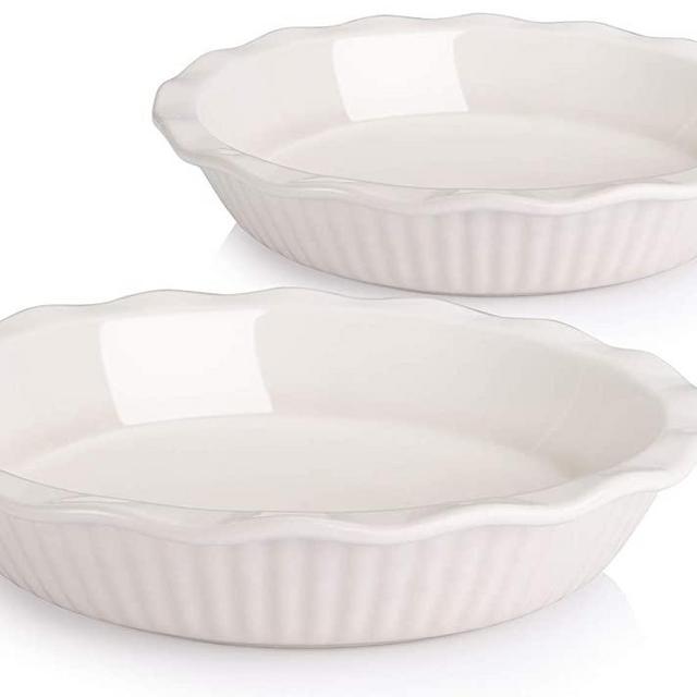 AVLA 2 Pack Ceramic Pie Dish, 9 Inches Pie Pan Pie Plate Round Baking Dish Pan with Ruffled Edge for Kitchen Cooking Dessert Dinner, White