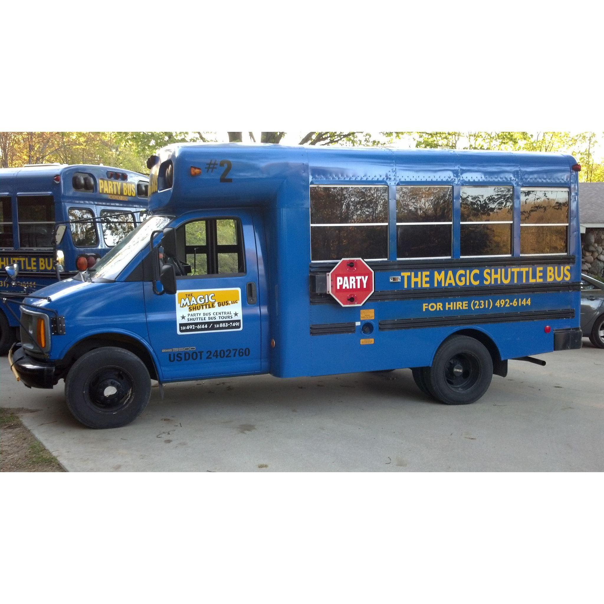 The Magic Shuttle Bus! Ready to take you to and from the wedding.