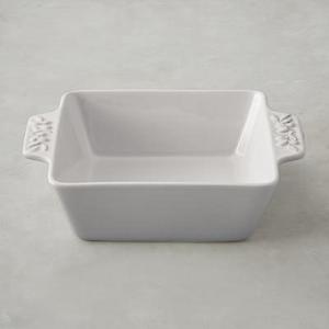 Olive Embossed Stoneware Square Baker, White