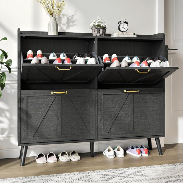NOVAMAISON Shoe Storage Cabinet with 4 Flip Drawers, Shoe Cabinet Storage for Entryway Slim, Freestanding Black Shoe Cabinet, Farmhouse Shoe Organizer Hidden Shoe Cabinet with Wooden Legs, Black