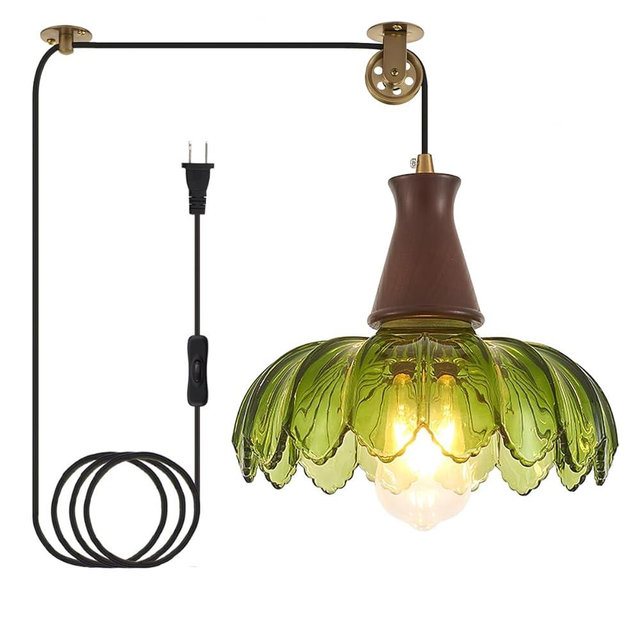 YLONG-ZS Plug in Pendant Light,Hanging Lamp Plug in Pulley Green Glass Pendant Lamp, Walnut Color Wood Hanging Light for Kitchen Island, Bedroom, Dining Room, Living Room