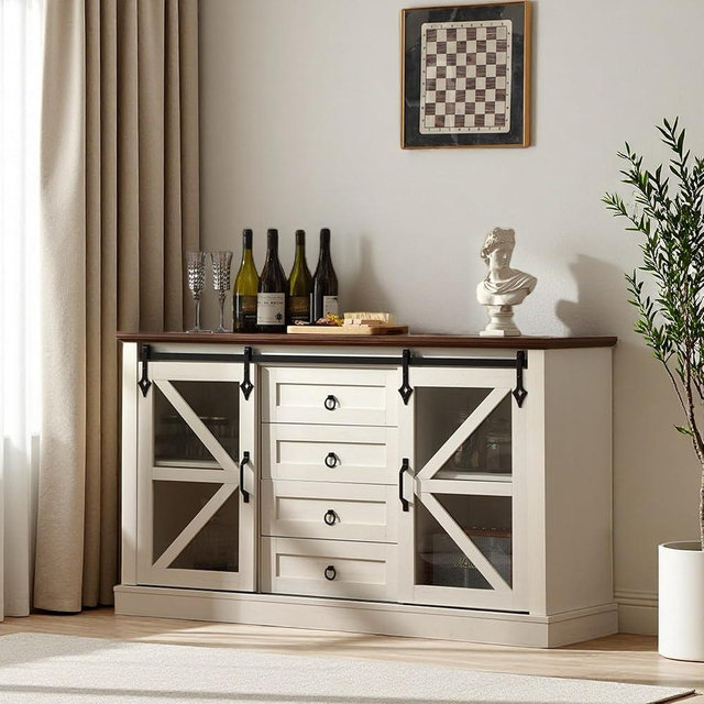 Sylvan Gravity 56‘’ Sideboard Buffet Cabinet with 4 Drawers,Buffet Cabinet with 2 Sliding Glass Doors,Sideboard with 2 Adjustable Shelves,for Kitchen (Antique White)