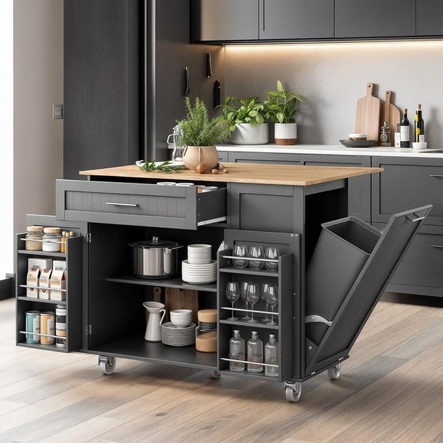 LotaTools 43.3" Rolling Kitchen Island Cart with Drop Leaf & Storage - Mobile Kitchen Organizer with Wheels, Rubberwood Top, Trash Bin Cabinet & Towel Rack, Farmhouse Style for Small Spaces Grey