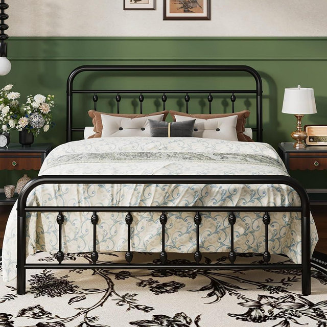SHA CERLIN Full Size Metal Platform Bed Frame with Victorian Style Iron-Art Headboard and Footboard, Easy Assembly, Under Bed Storage, No Box Spring Required, Black