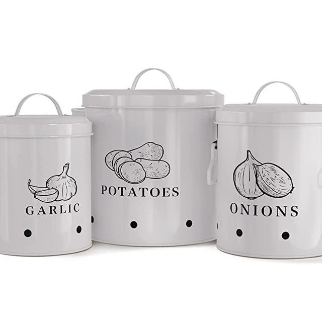 Kook Potato, Onion & Garlic Kitchen Storage Canisters, Rustic Farmhouse Containers with Aerating Holes, Vintage Vegetable Tins, Set of 3, 5 Liter, 2 Liter & 1 Liter (Slate Grey)