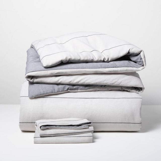 3pc King Stripe with Chambray Backing Comforter & Sham Set Gray - Hearth & Hand™ with Magnolia