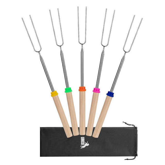 UNCO- Marshmallow Roasting Sticks, 32", 5 Pack, Extendable Stainless Steel Smores Sticks for Fire Pit, Smores Skewers, Campfire Cooking Equipment