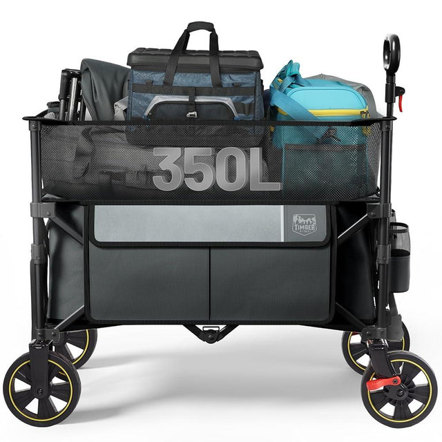 TIMBER RIDGE 350L Extra Large Collapsible Folding Wagon Carts with Brake, Heavy Duty Outdoor Camping Utility Wagons with Extended Height, Adjustable Handle, Cup Holders, Side Bag (Gray)