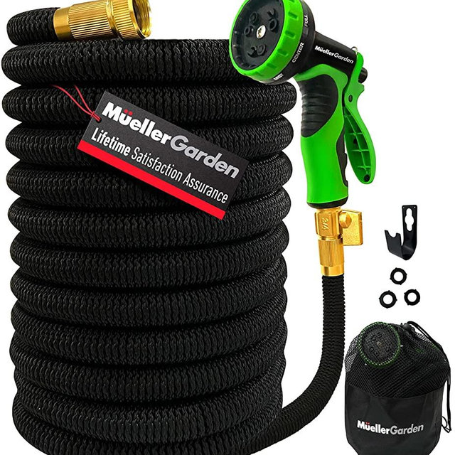 Mueller ArmorFlow Heavy Duty Expandable Garden Hose 50 Ft with 9 Function Nozzle, Lightweight, 3/4" Solid Brass Fittings, Automatically Expands and Self-Drains, Kink and Tangle Resistant
