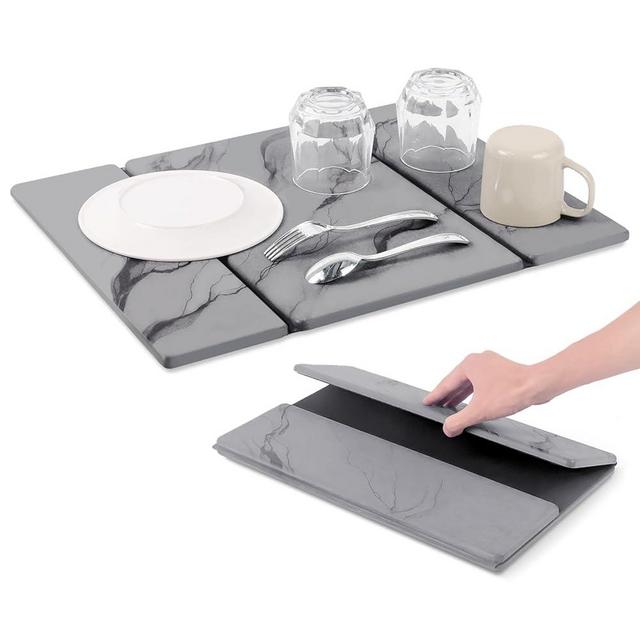 Meegoo Stone Drying Mat for Kitchen Counter, Foldable Diatomaceous Earth Dish Drying Mat Superb Absorbent, Stone Dish Drying Mat For Kitchen, 19.9"(L)×17.3"(W), Marble Gray