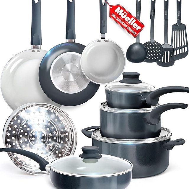 Mueller 16-Piece Healthy Stone Pots and Pans Set Non Stick, Non Toxic Ceramic Cookware Set, Dishwasher Safe, w Frying Pans, Sauce Pan, Steamer, Vac-Free Vented Glass Lids, Kitchen Utensils, Slate