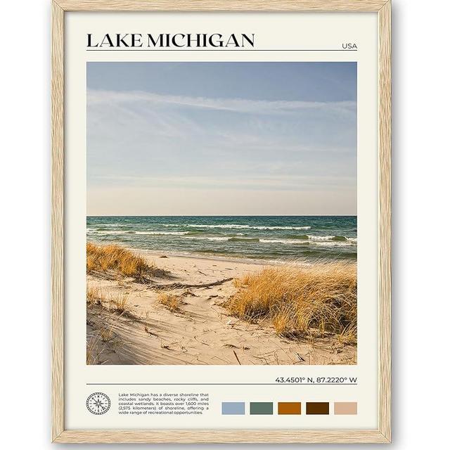 HesenDot Natural OAK Wood Lake Michigan Framed Wall Art,12x16in Natural Scenery Canvas Wall Print,Classic Urban City Landmark Wall Decor for Living Room,Bedroom,Office Gallery Gifts Set of 1