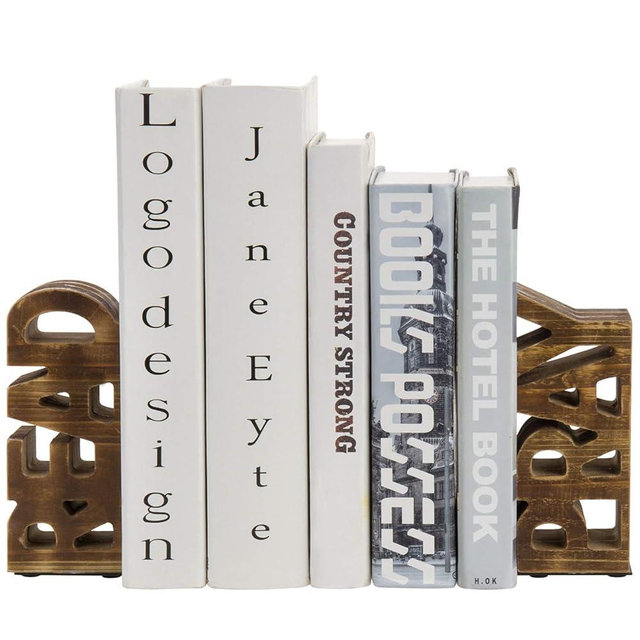 MyGift Rustic Burnt Brown Wood Bookends Carved in Read and Pray Block Letters, Decorative Book Stands for Home Library Bookshelf Office Desk, 2 Piece Set