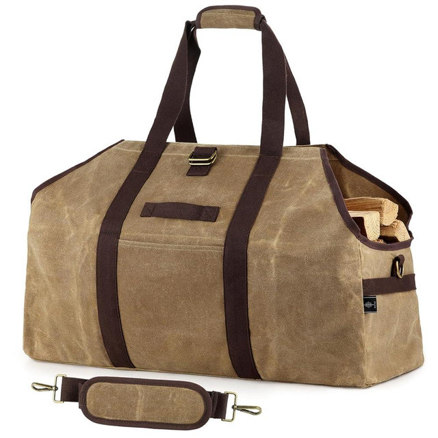 BONTHEE Firewood Carrier Bag Waxed Canvas Waterproof Extra Large Log Carrier Holder Freestanding Tote Bag for Firewood