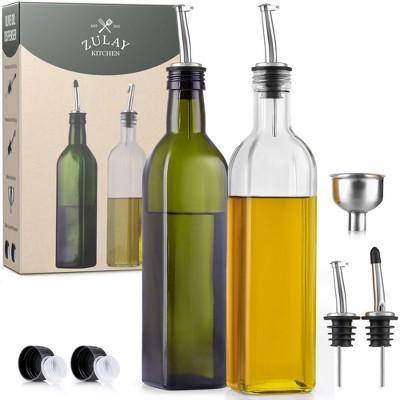 Zulay Kitchen Olive Oil Dispenser Bottle For Kitchen Glass Bottle With 2 Spouts 2 Removable Corks 2 Caps 1 Funnel (2 Pack) - Clear & Green