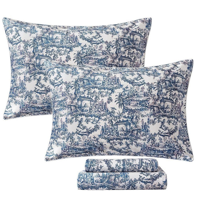 FADFAY Blue Toile Sheets Set Queen French Country Vintage Farmhouse Bedding Exotic Scenic Chinoiserie Floral Bedding 100% Egyptian Cotton Soft Breathable Sheet Set with Deep Pocket Fitted Sheet 4Pcs