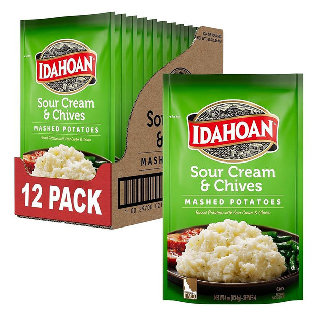 Idahoan Sour Cream & Chives Mashed Potatoes, Naturally Gluten-Free, 100% Real Idaho Potatoes, 4 servings per bag, 4 ounce (Pack of 12)