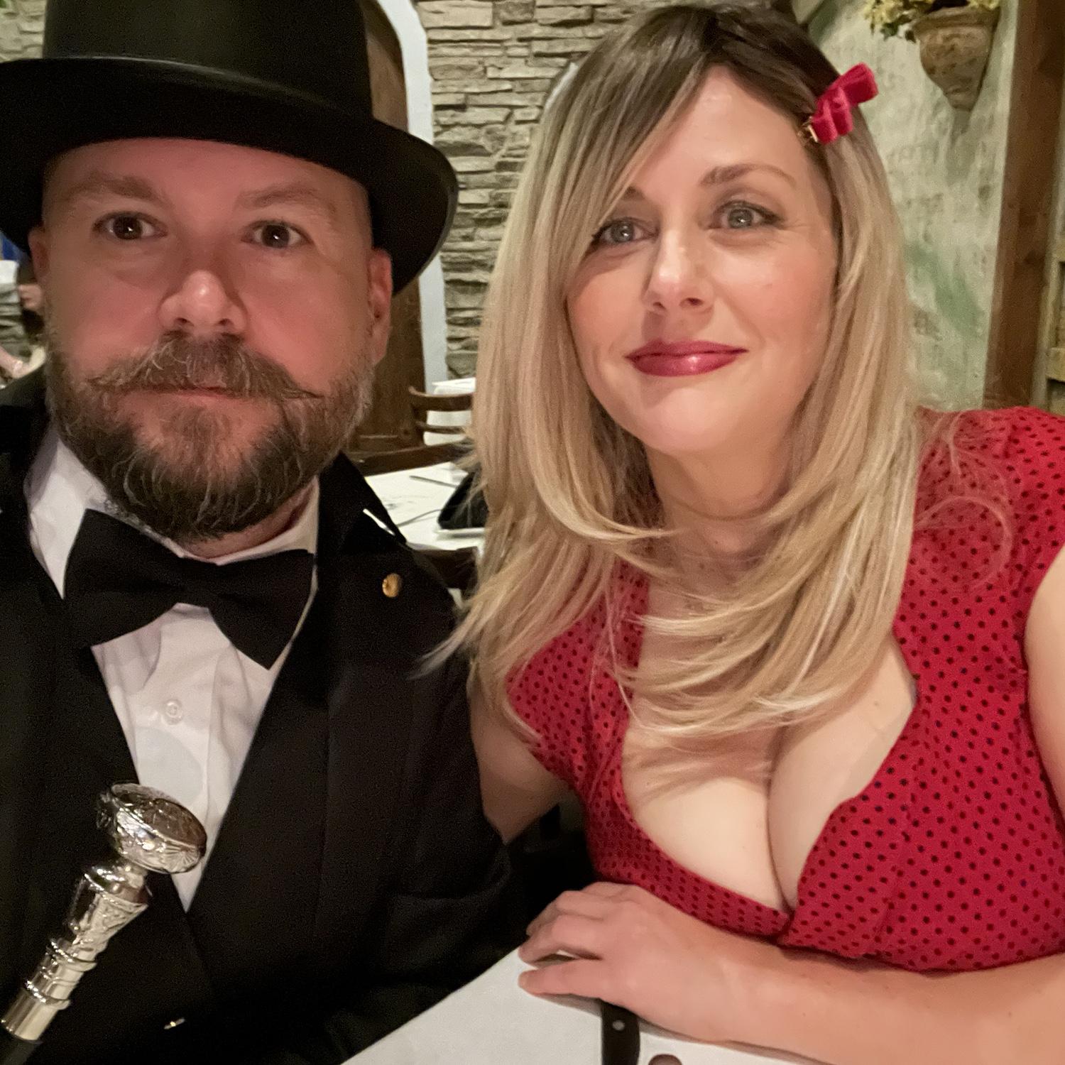 This was one of my favorite dates we ever had. I suggested that we have "blind dates" forever with each other and that we dress up and meet somewhere, but don't tell each other "who" we will be. We just gave each other parameters based on the appropriateness of dress for the location. I wore a 50's style dress with a petticoat and Brandon had a whole suit with tails, a top hat, cane, and even a monocle! This was at Mac Joe's restaurant in Amarillo. It was one of our favorite meals too.