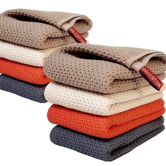 ANEWAY Kitchen Towels 100% Cotton Waffle Weave Dish Towel for Cleaning Drying Dishes Extra Absorbent and Soft, Dish Cloth,13 x 28 in, 8 Pack (Beige+Dark Grey+Brown+Red-8 Pack)