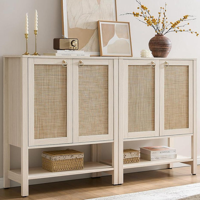 SICOTAS Shoe Storage Cabinet for Entryway - 5 Tier Rattan Entry Shoe Organizer Cabinet with Shelves & Doors, 2 Pieces Farmhouse Boho Shoe Rack for Hallway, Living Room, Closet (White Cream Oak)