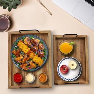 Besti Rustic Vintage Food Serving Trays (Set of 2) | Nesting Wooden Board with Metal Handles | Stylish Farmhouse Decor Serving Platters | Large: 15 x2 x11” - Small: 13 x2 x9” (Rustic Light Brown)