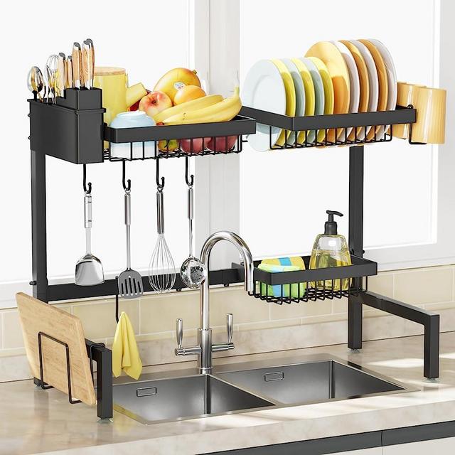 SNSLXH 2 Tiers Over The Sink Dish Drying Rack, Kitchen Large Rack, Suitable for 99% Sinks, Effective Drainage Drying, Kitchen Drainage Rack, 24.8"-35.4"