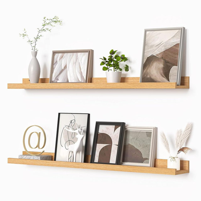 Heimlove Picture Ledge Shelf, Floating Shelves Set of 2, 36 Inches Picture Shelf for Wall with Ledge, Kids Bookshelf Wall Mounted for Living Room Bedroom Decor Books Photo Frames - Natural Oak