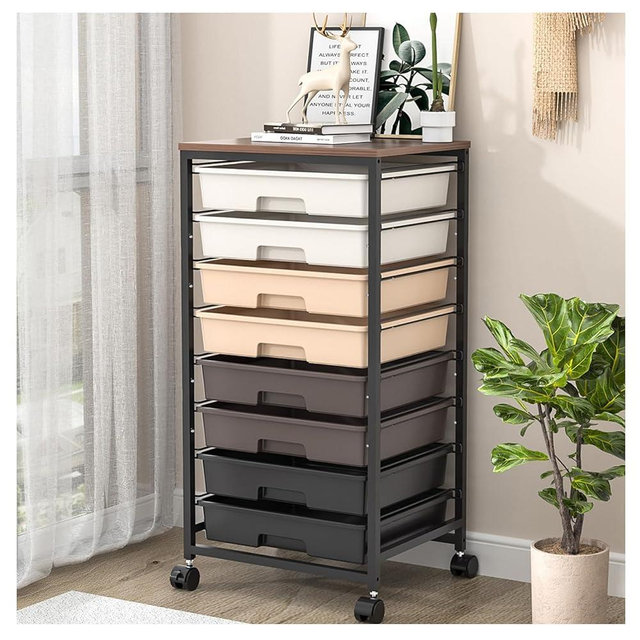 SYKIARIOL Rolling Carts with Wheels,Utility Cart with 8 Drawers and Wooden Tabletop,Rolling Drawer Cart,Plastic Drawer Storage for Living Room,Classroom,Bedroom,Bathroom,Dorm,Office,Brown