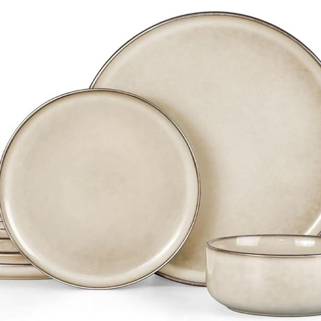 Herogo Stoneware Plates and Bowls Sets for 4, 12 Pieces Modern Round Dinnerware, Reactive Glaze Dishes Set for Kitchen, Chip Resistant, Microwave & Dishwasher Safe, Cream Khaki