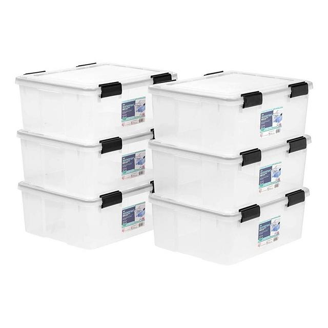 IRIS USA 30.6 Quart Weathertight Plastic Storage Bin Tote Organizing Container with Durable Lid and Seal and Secure Latching Buckles, 6 Pack