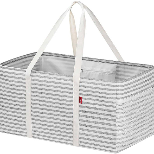 LHZK Standing Extra Large Utility Tote Bag with Metal Wire Frame and the Sides Rinforced, Extra Large Tote Bag with Handle, Reusable Grocery Bags Foldable, Beach Bag, Car Tote (Grey, 26''x15''x13'')