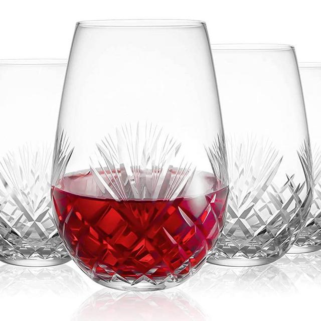 SHOSHIN - Hand Cut Stemless Wine Glass Set of 4, Large 18 oz Crystal Wine Glass, Wine Tumblers for Red and White Wine, Water Glasses, Drinking Glasses