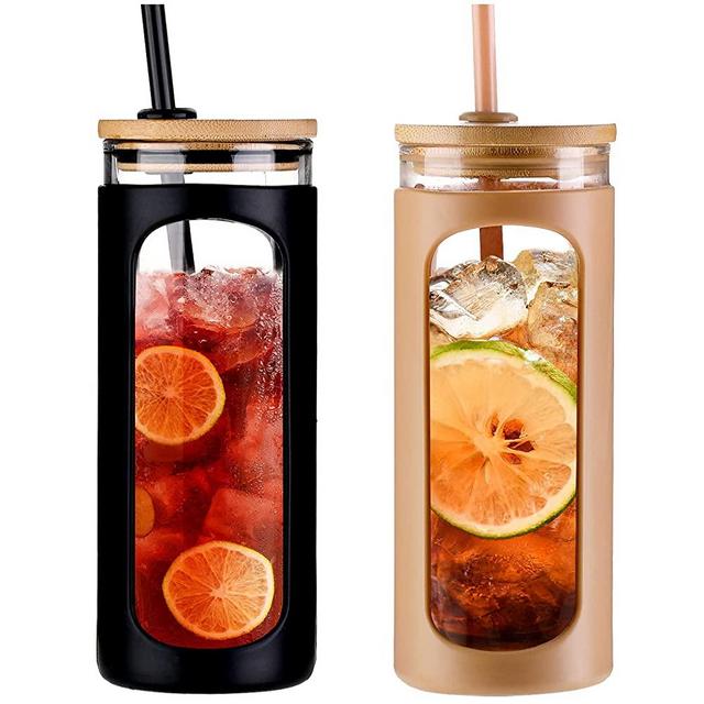 Kodrine 20oz Glass Water Bottle with Straw and Lid,Bamboo Lids Water Tumbler, Iced Coffee Cup Reusable, Wide Mouth Smoothies Cup, Straw Silicone Protective Sleeve BPA FREE--Black+Amber-2pack