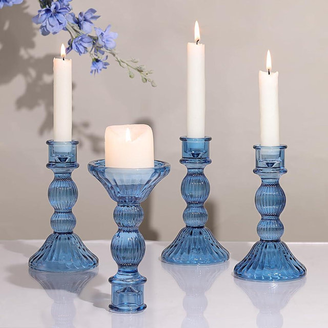 DARJEN 6"H Blue Candlestick Holders Set of 4 - Vertical Stripe Glass Votive Candle Holders for Candlesticks and Votive Candles, Taper Candle Holder for Wedding, Party, Home Decor & Table Centerpieces