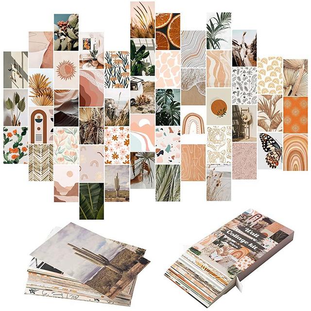 Yopyame 50PCS Boho Aesthetic Pictures Wall Collage Kit, Peach Teal Photo Collection Collage Dorm Decor for Girl Teens and Women, Orange Boho Wall Prints Kit, Small Posters for Room Bedroom Aesthetic