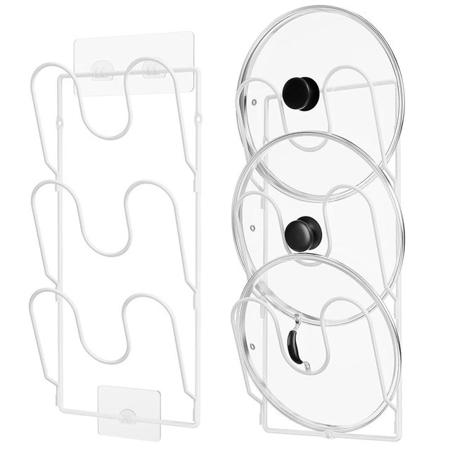 ORDORA 2 Pack Pot Lid Organizer Rack for Cabinet Door, 6-Tier Pot Lid Holders inside Cabinet, No Drilling Adhesive Wall Door Mounted Rustproof Pots and Pans Cover Organizers for Kitchen Storage, White