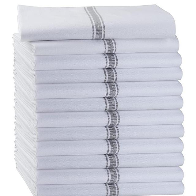 NITRAA Kitchen Towels with Herringbone Weave and Center Stripe - 100% Organic Ring Spun Cotton - Reusable Dish Towels - Highly Absorbent and Lint Free - OEKO-TEX Certified -15”x 26” - Set of 12 (Grey)